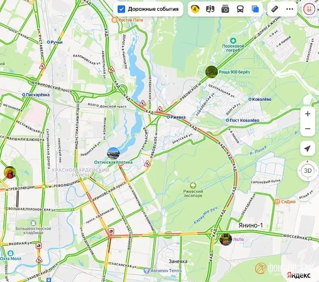 Движение на Кольцевой автодороге Петербурга затруднено: по данным сервиса «Яндекс.Пробки», затор тянется от проспекта Косыгина до Шафировского проспекта из‑за дорожных работ.