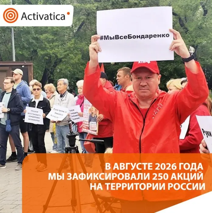 В августе 2026 года по России зафиксировано 250 протестных акций, что примерно в полтора раза больше июля, с усилением темы выборов и антивоенной позиции.
