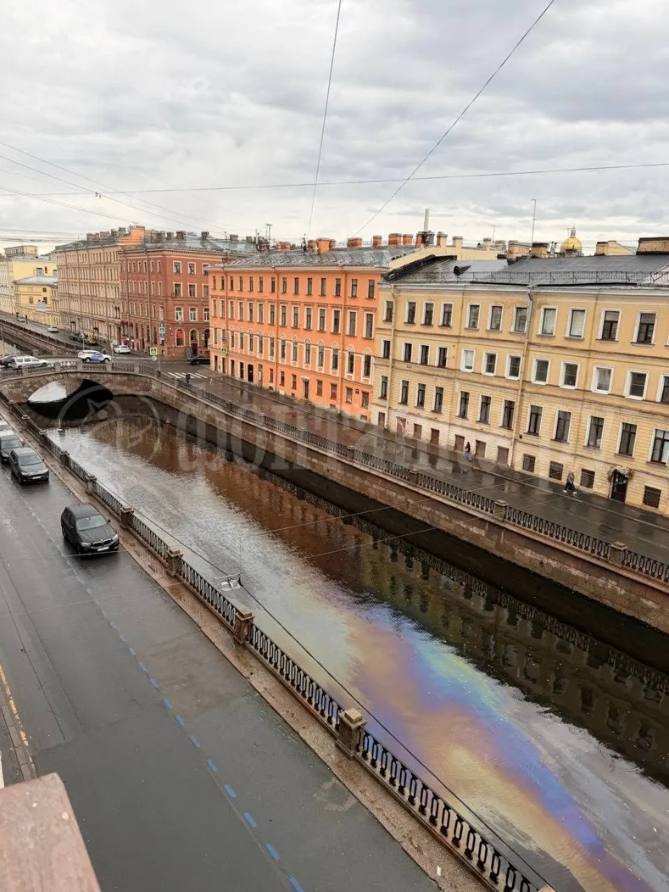 Очевидец зафиксировал радужную пленку на воде между Мучным и Каменным мостами; устанавливаются обстоятельства.