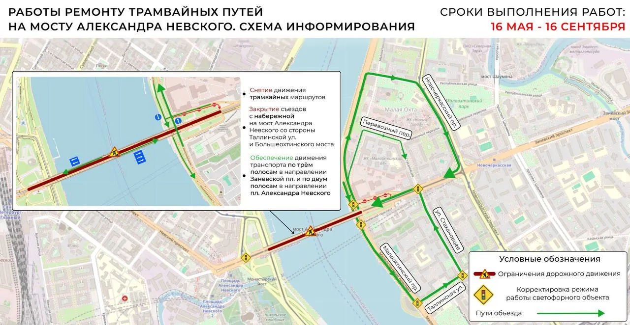 Из‑за ремонта трамвайные пути будут заменены, трамвайное движение остановят, а автомобильное — ограничат до двух полос в сторону площади Александра Невского.