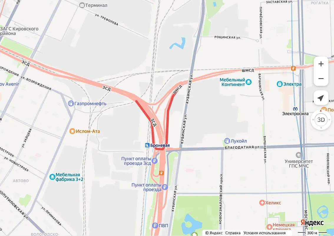 Съезд с Западного скоростного диаметра на Витебскую развязку закроют в три ночных периода — 12–13, 13–14 и 16–17 мая — из‑за дорожных работ.