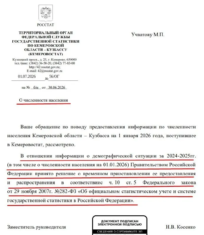 Правительство РФ временно приостановило предоставление официальных данных о численности населения за 2024–2025 годы, включая оценку на 1 января 2026 года. Об этом в ответе Кемеровостата сообщил общественник; в ведомстве ссылаются на поправки в законе об официальной статистике, которые дают правительству право ограничивать доступ к таким данным.