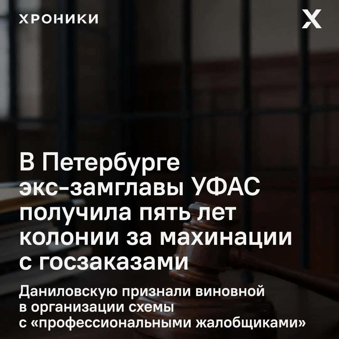 Бывшая замглавы УФАС Санкт-Петербурга Екатерина Даниловская получила пять лет колонии общего режима и штраф в миллион рублей за организацию схемы с профессиональными жалобщиками; по делу задействованы другие фигуранты и контракты госзакупок.