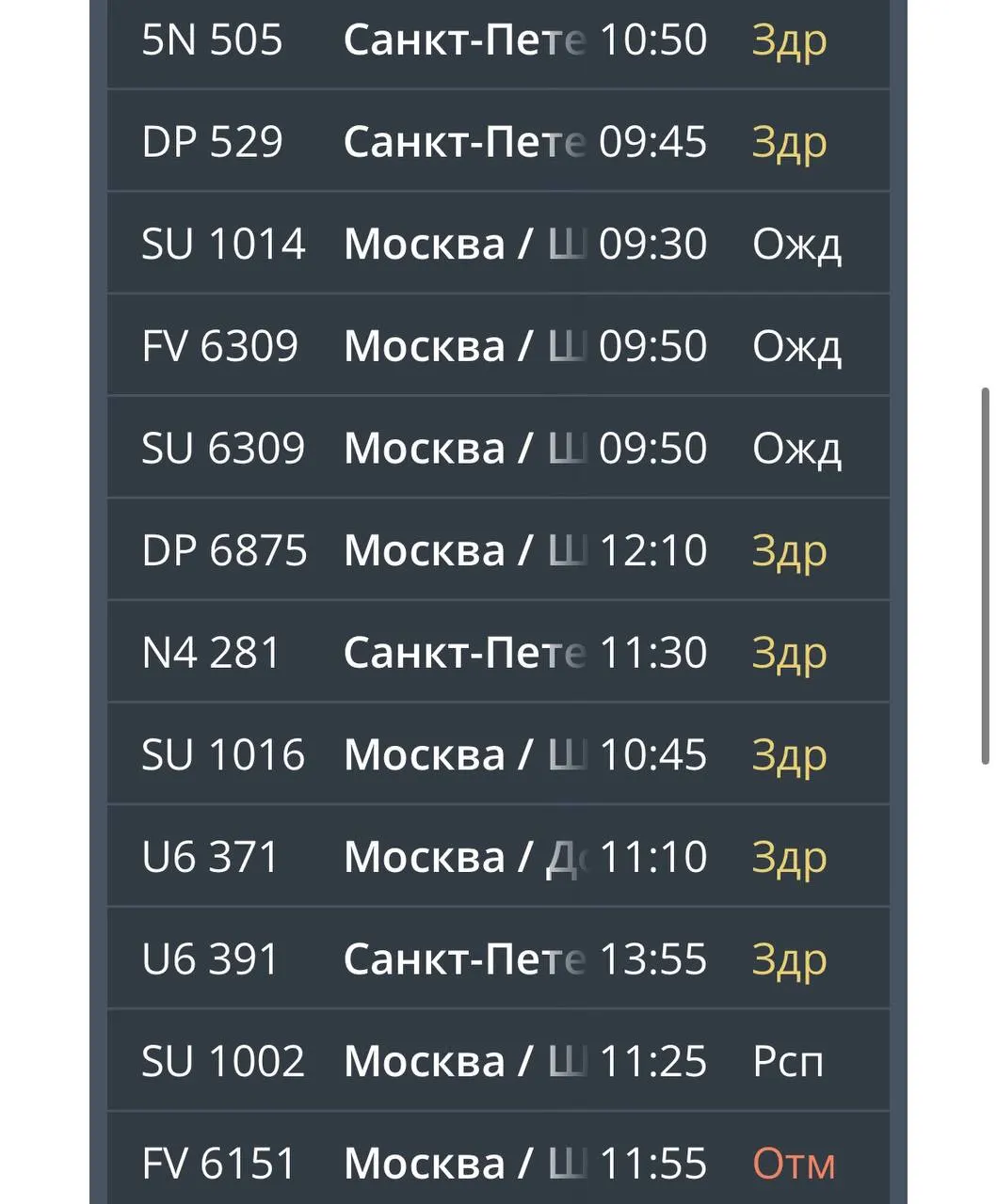 В калининградском аэропорту Храброво продолжаются задержки рейсов по нескольким направлениям: Москва, Санкт-Петербург, Саратов, Екатеринбург, Ижевск и Казань. Самолёт из Саратова должен был приземлиться в 23:15, но прибытие перенесено почти на 13 часов.