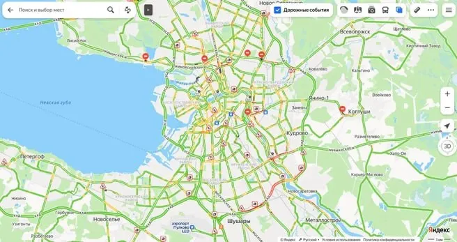 Утренний затор на внутреннем кольце КАД перед Московским шоссе достиг около 10 км из-за ремонтных работ.
