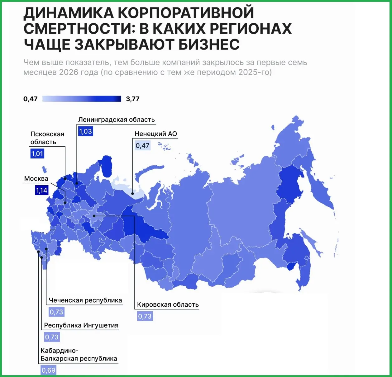 На начало августа регионы Москвы, Ленинградской области и Псковской области возглавляли рейтинг по закрытию бизнеса.
