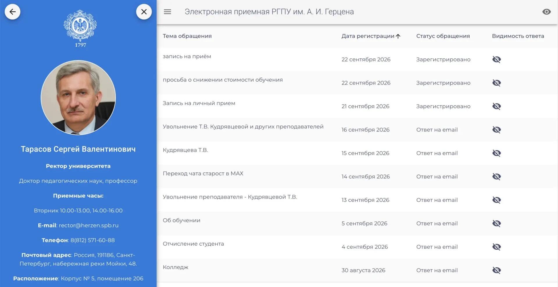 После заявления ректора об отзыве увольнения преподавательницы Татьяны Кудрявцевой часть ответов в электронной приемной стала скрытой, что спровоцировало активность студентов.