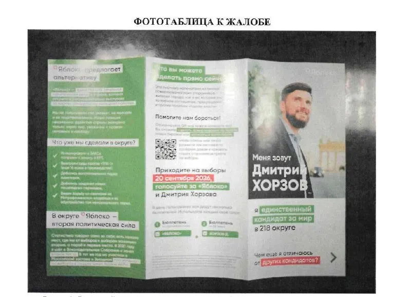 Жалоба на агитационный буклет перенаправлена региональным избирком в прокуратуру и Следственный комитет; кандидату вынесли предупреждение. Контекст — выборы по округу №218 на юге Санкт-Петербурга.
