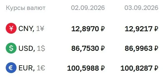Официальные курсы на 3 сентября: доллар около 86,9963 ₽, евро — 100,8287 ₽, юань — 12,9217 ₽. По курсу ЦБ идут расчеты по ряду инструментов.