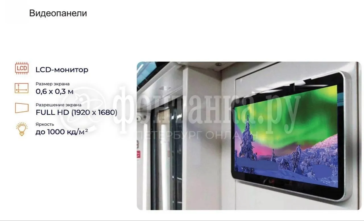 В петербургском метро планируется установка видеопанелей и медиаэкрана в составах, в том числе по четыре экрана на вагон между дверями и на торцах, с возможностью дополненной реальности и брендирования бортов общей площадью 74 кв.м.