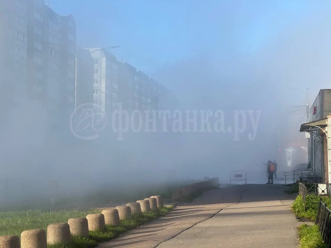 В Колпино произошёл прорыв магистральной трубы с горячей водой; пострадали женщина и ребёнок, участок огорожен, на месте работают службы.