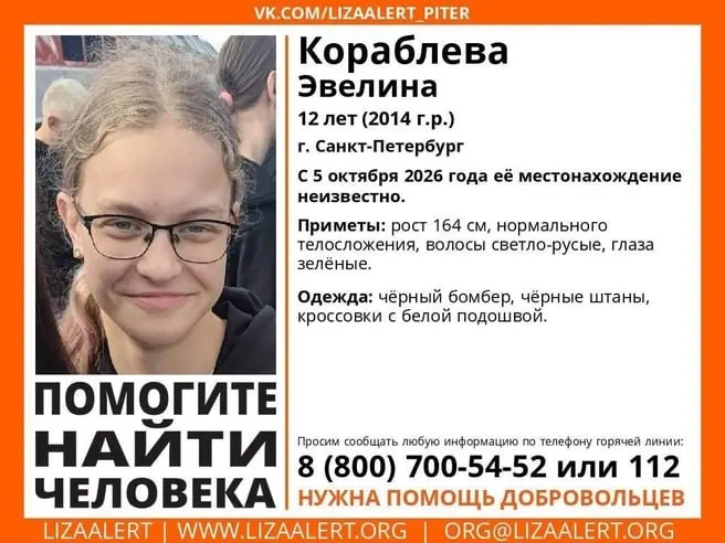 Эвелина исчезла после посещения бассейна на улице Джона Рида. Поиск ведут полиция и волонтёры; обращайтесь при наличии информации.