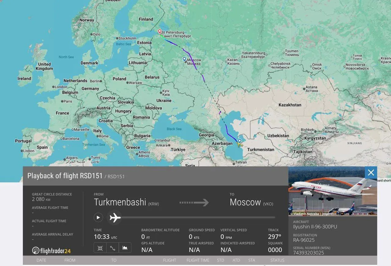 Путин возвращался из Туркменистана; рейс Ил‑96 сел не с первой попытки; введённые ограничения аэропортов и меры безопасности повлияли на маршрут.
