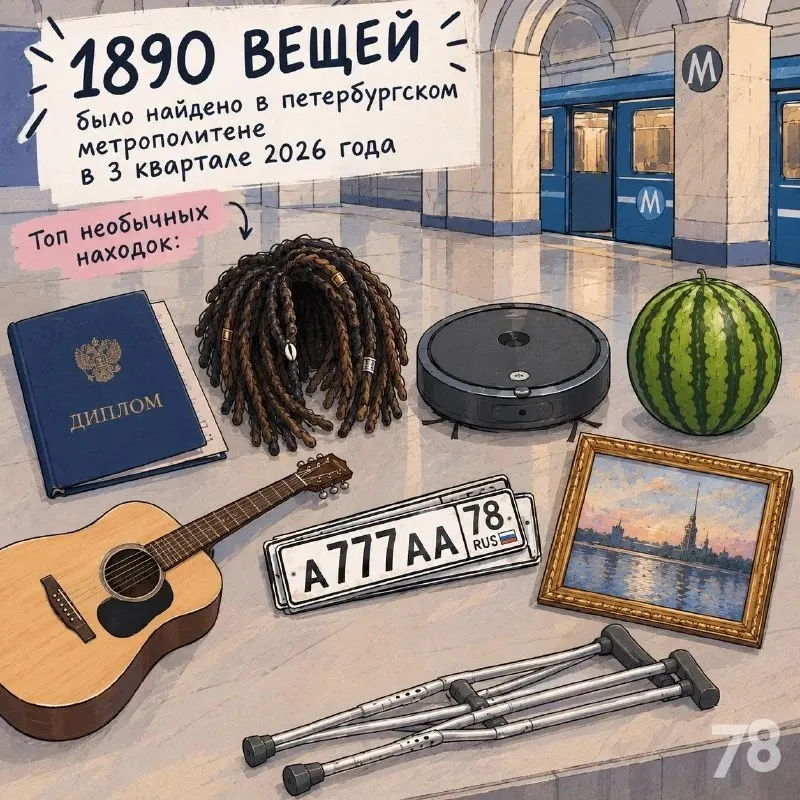 За третий квартал 2026 года пассажиры петербургского метрополитена оставили 1890 предметов — от парика из дредов до дипломов и номеров; в рейтинг необычных находок вошли арбуз и робот‑пылесос.