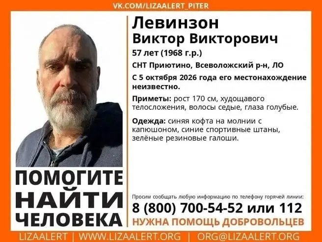 57-летний петербуржец Виктор Левинзон пропал 5 октября возле СНТ «Приютино»; последняя видимая информация — он шел вдоль Дороги жизни. По словам супруги, мужчина страдает деменцией.
